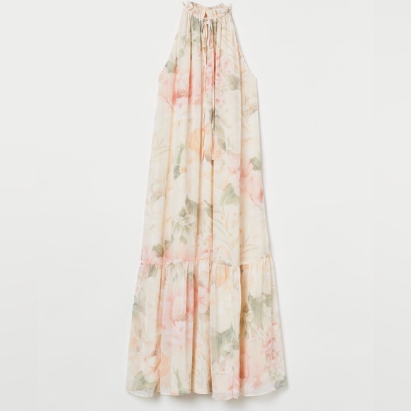 H&M Crinkled Cream/floral Dress Maxi Wedding Guest Event size S - Picture 11 of 12